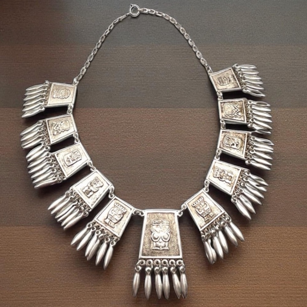 AMAZING Vintage Aztec Warrior 900 Sterling Silver Panel w/Fringe Necklace 16.5”